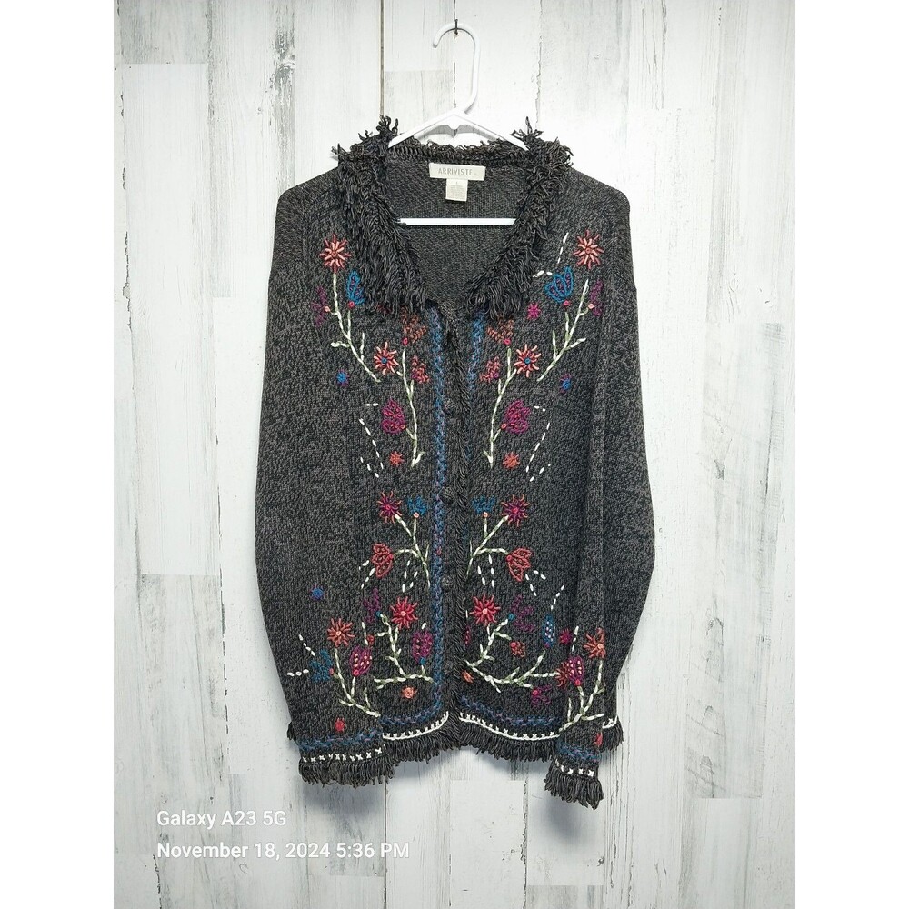Arriviste Sweater Women's Large Brown Embroidered Floral Fringe
